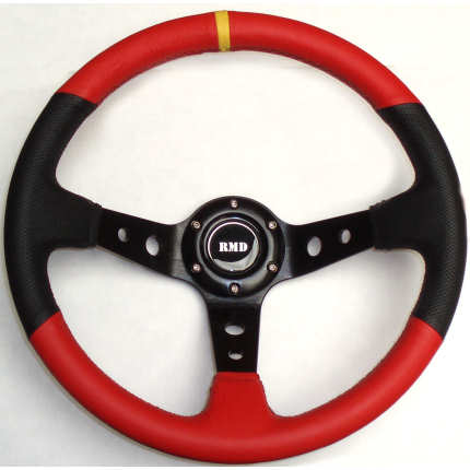 Rally 350mm Black/Red Leather - Black Spokes - Dished